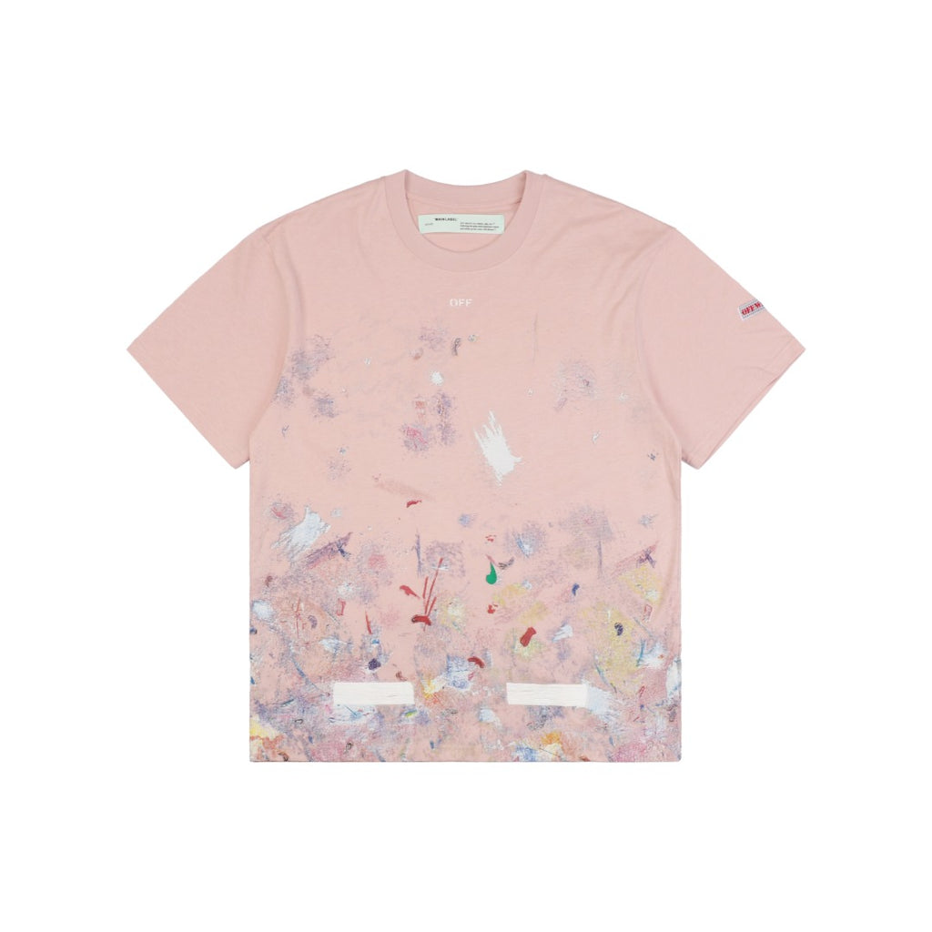 Off-White c/o Virgil Abloh 17SS Starry Sky Fireworks Ink Splash Arrow Print Short Sleeve T-Shirt - Pink