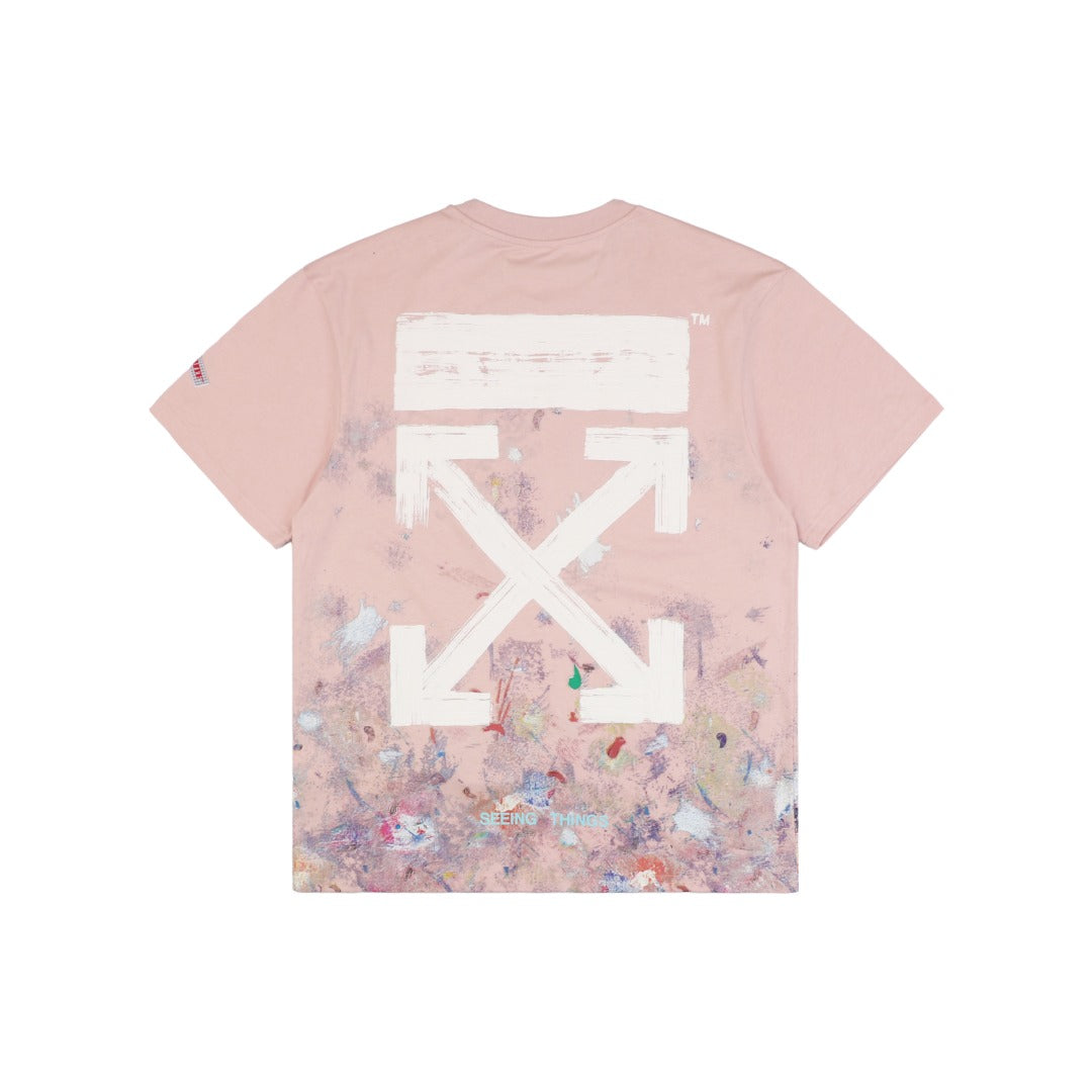 Off-White c/o Virgil Abloh 17SS Starry Sky Fireworks Ink Splash Arrow Print Short Sleeve T-Shirt - Pink