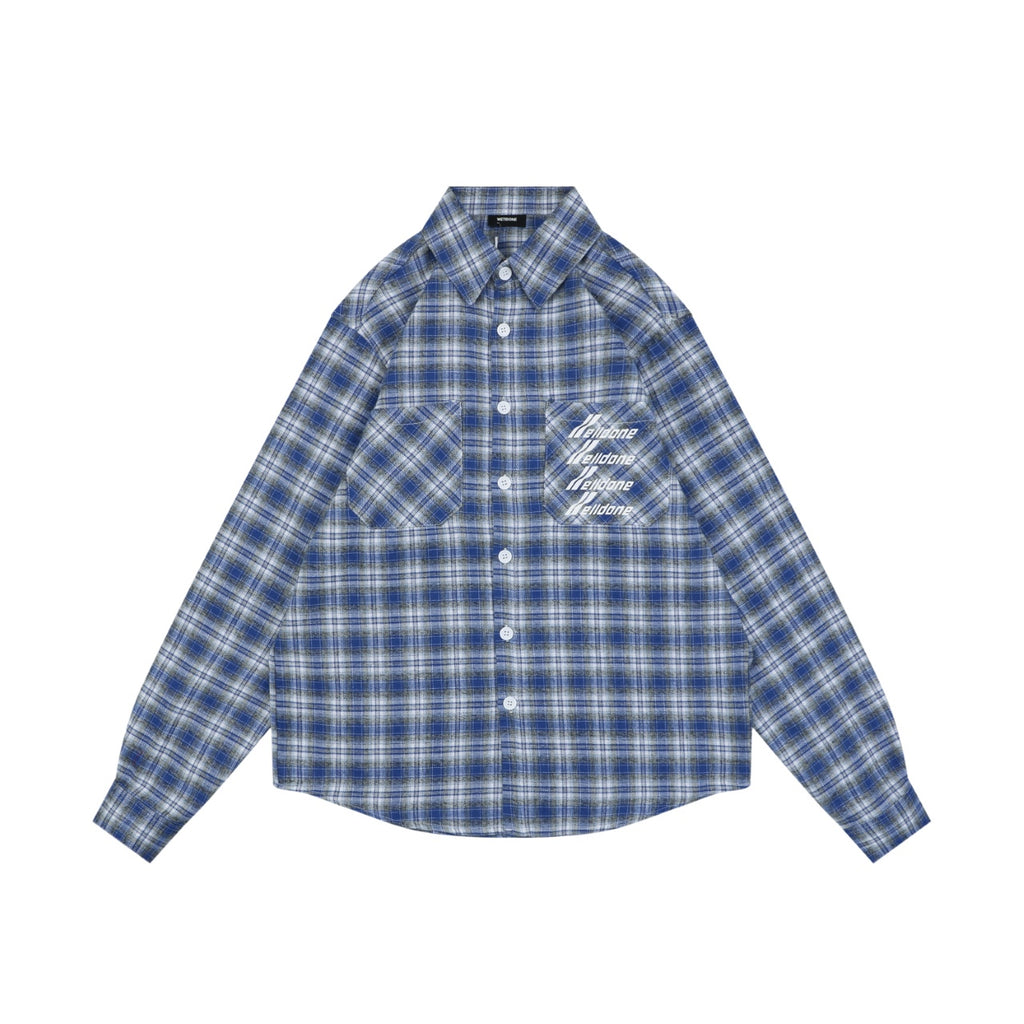 We11done Four-Line Scrolling Logo Text Plaid Long Sleeve Shirt - Blue
