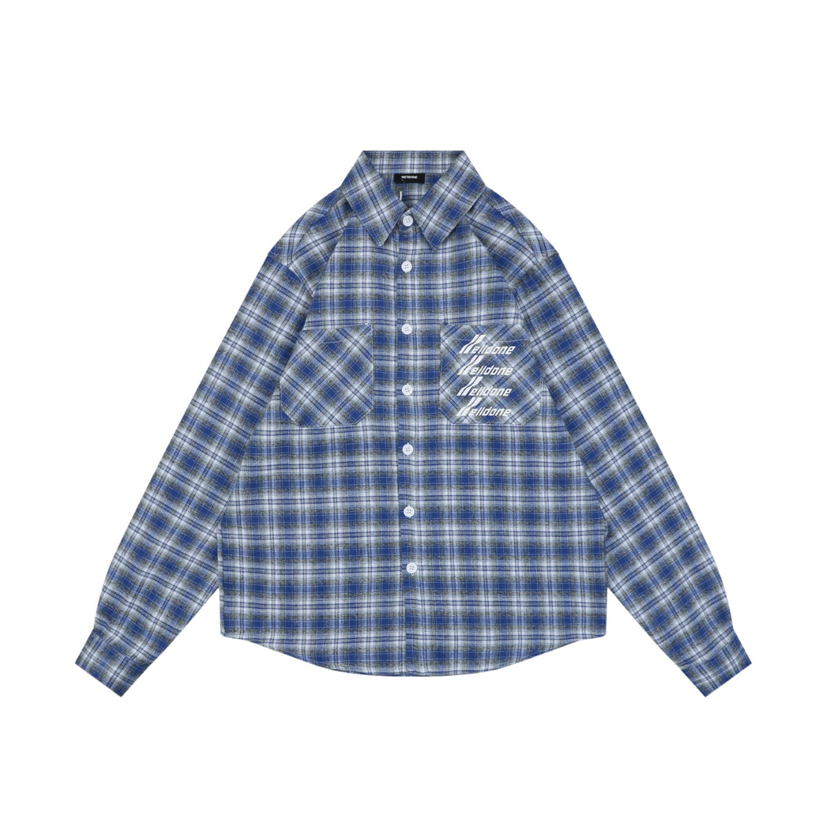 We11done Four-Line Scrolling Logo Text Plaid Long Sleeve Shirt - Blue