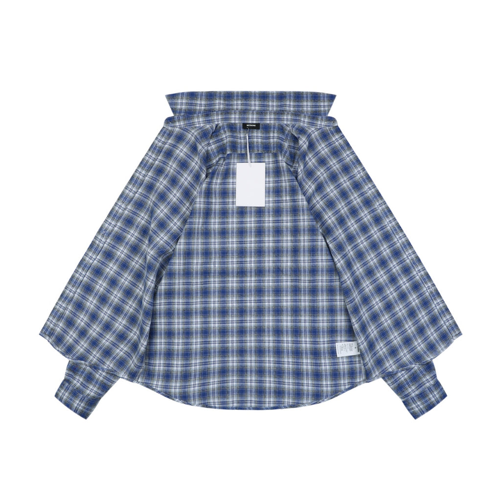 We11done Four-Line Scrolling Logo Text Plaid Long Sleeve Shirt - Blue