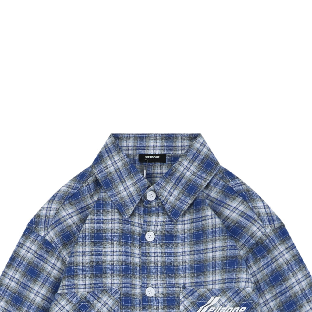 We11done Four-Line Scrolling Logo Text Plaid Long Sleeve Shirt - Blue