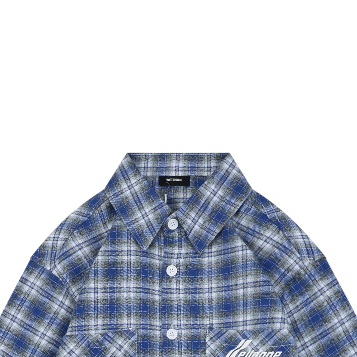 We11done Four-Line Scrolling Logo Text Plaid Long Sleeve Shirt - Blue