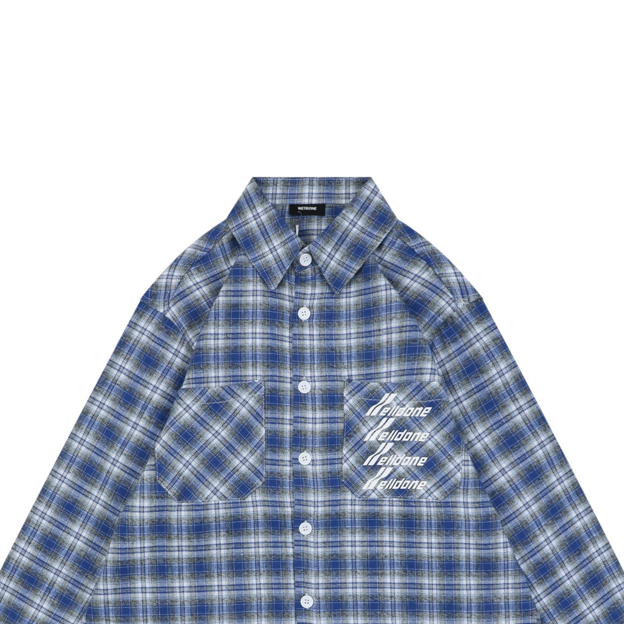 We11done Four-Line Scrolling Logo Text Plaid Long Sleeve Shirt - Blue