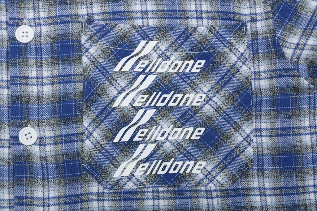 We11done Four-Line Scrolling Logo Text Plaid Long Sleeve Shirt - Blue