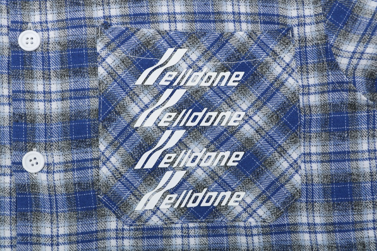 We11done Four-Line Scrolling Logo Text Plaid Long Sleeve Shirt - Blue