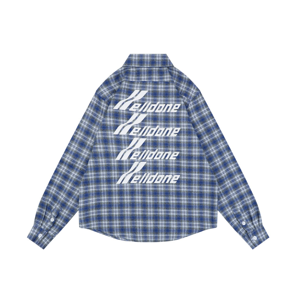 We11done Four-Line Scrolling Logo Text Plaid Long Sleeve Shirt - Blue