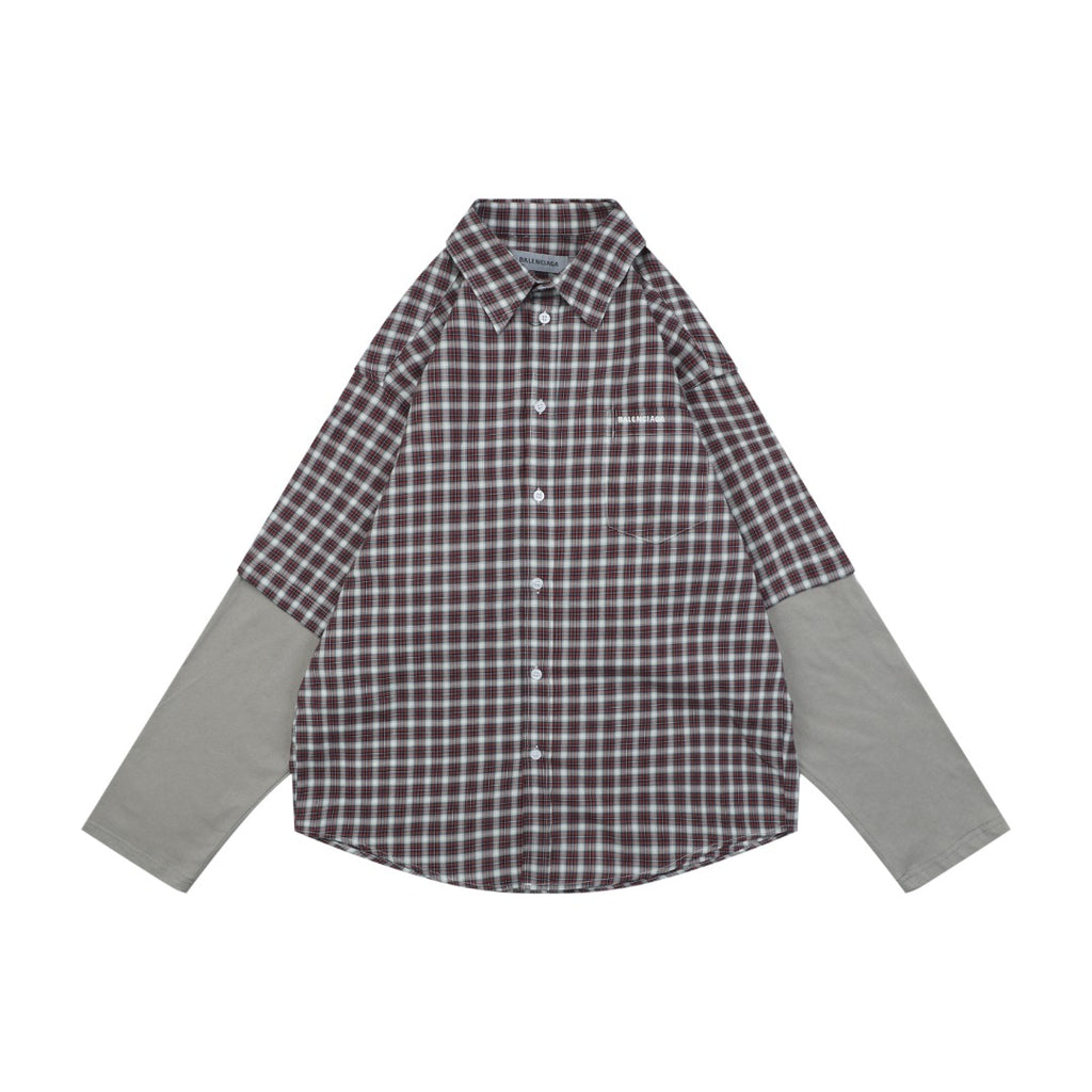 Balenciaga Red-Gray Plaid Faux Two-Piece Long Sleeve Shirt
