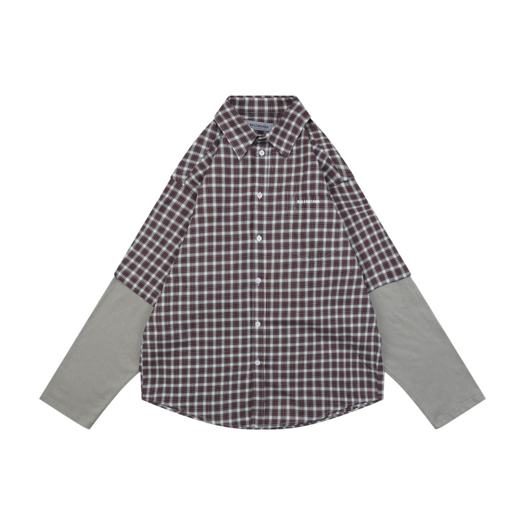 Balenciaga Red-Gray Plaid Faux Two-Piece Long Sleeve Shirt