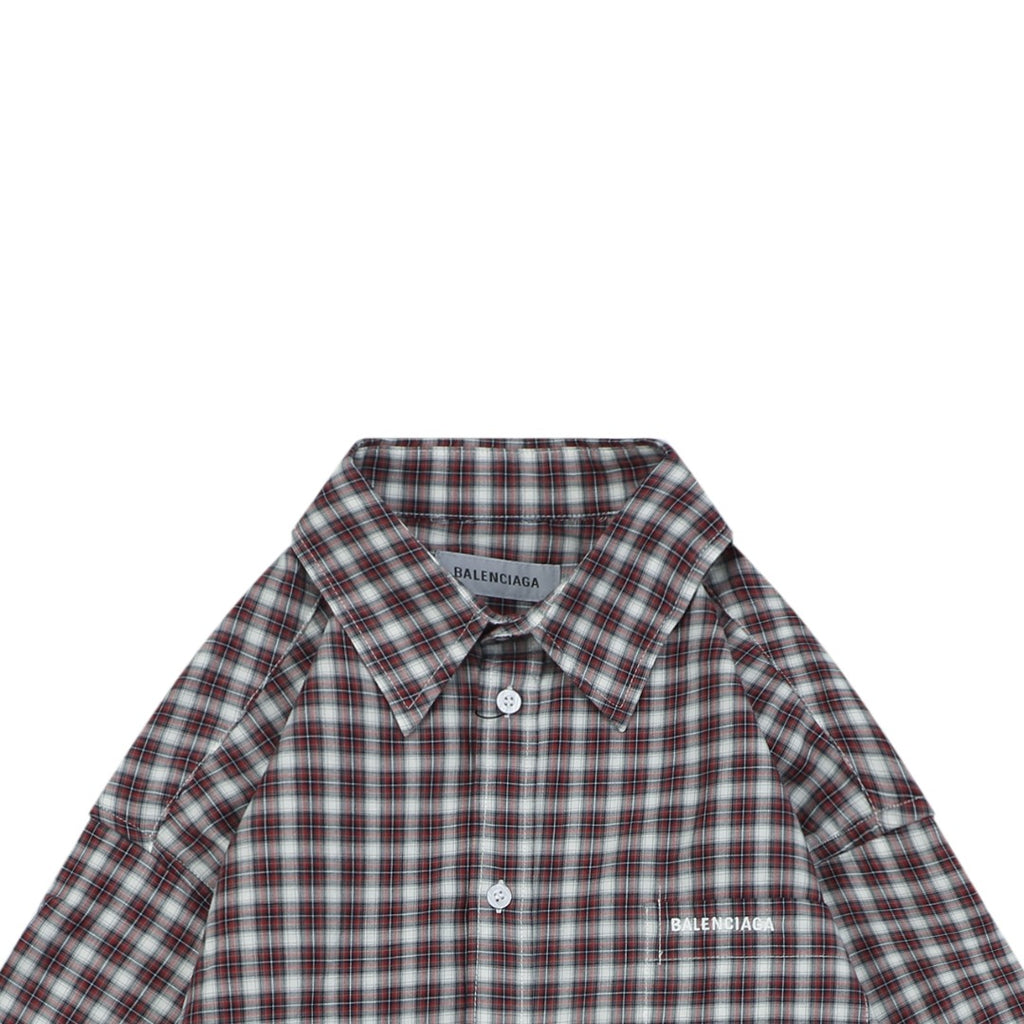 Balenciaga Red-Gray Plaid Faux Two-Piece Long Sleeve Shirt