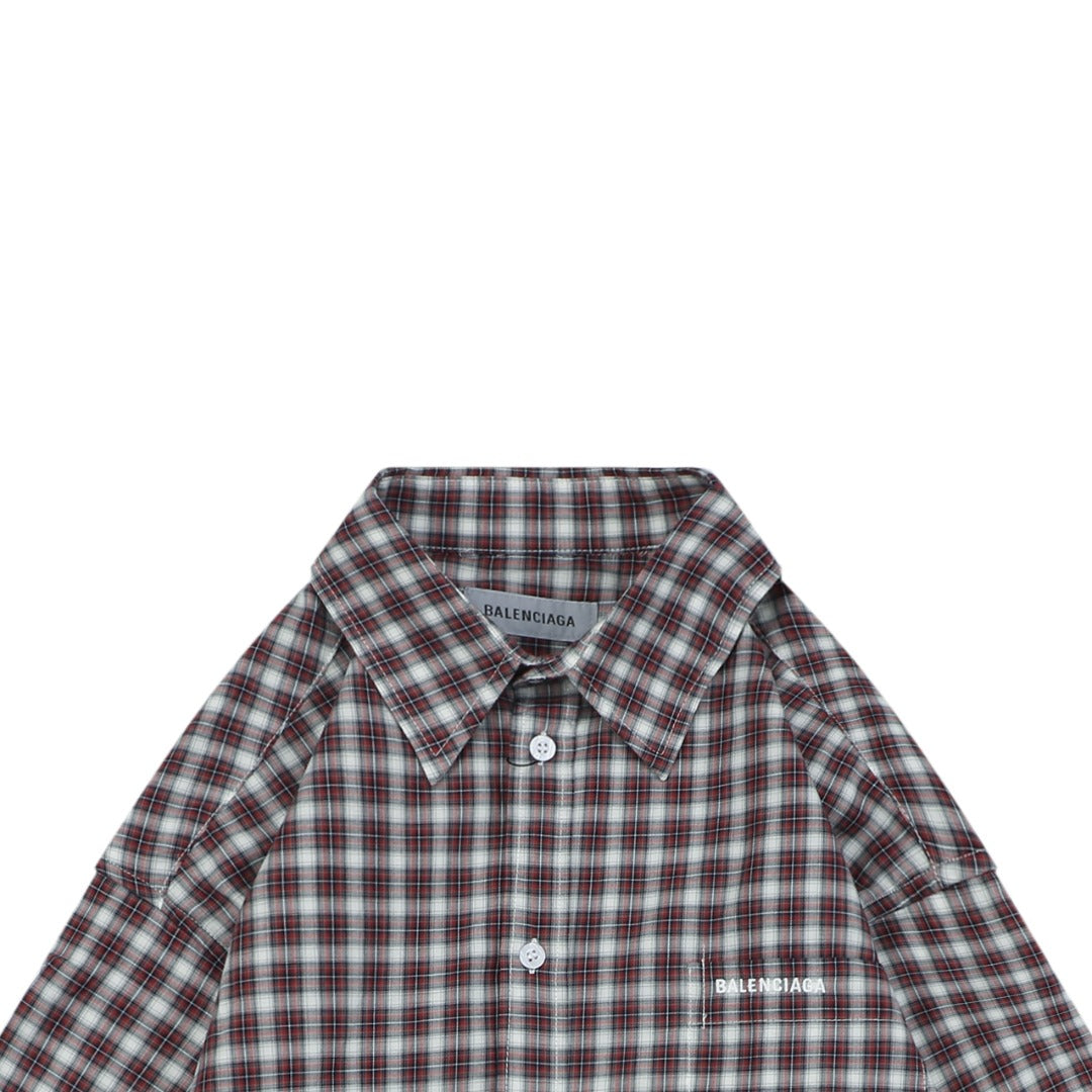 Balenciaga Red-Gray Plaid Faux Two-Piece Long Sleeve Shirt