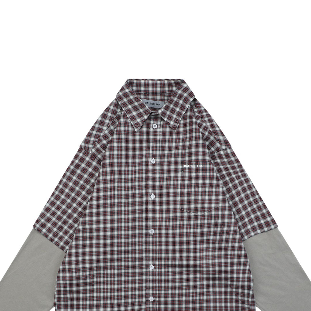 Balenciaga Red-Gray Plaid Faux Two-Piece Long Sleeve Shirt