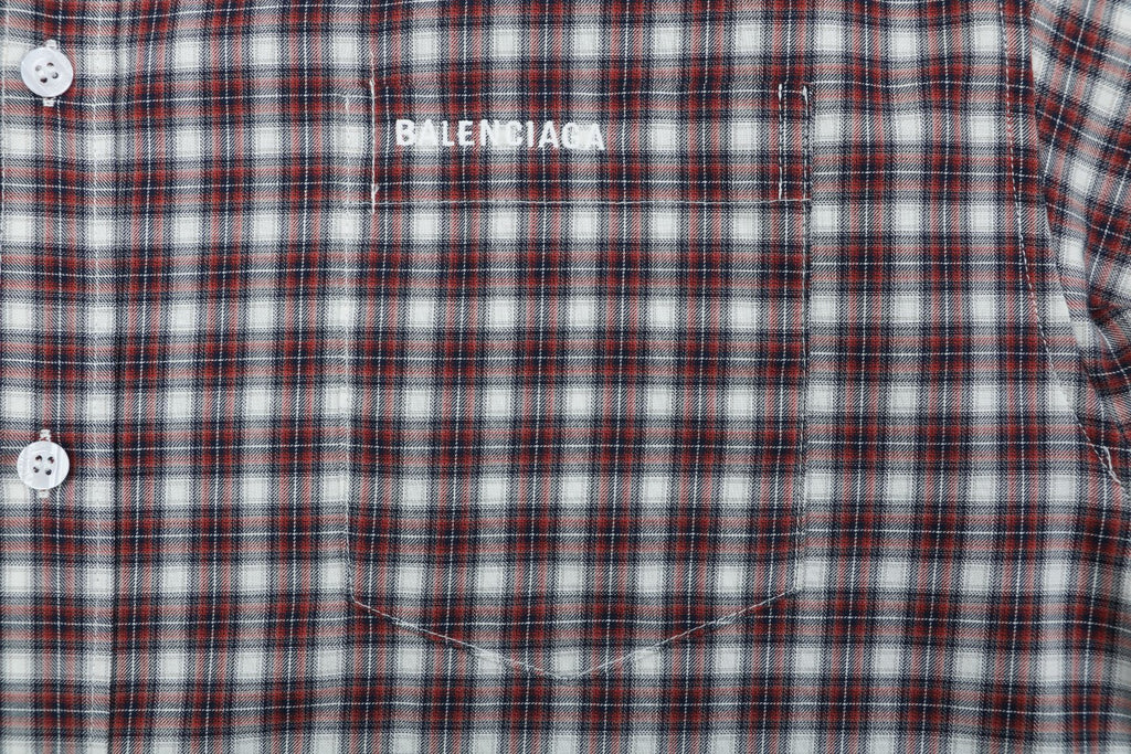 Balenciaga Red-Gray Plaid Faux Two-Piece Long Sleeve Shirt