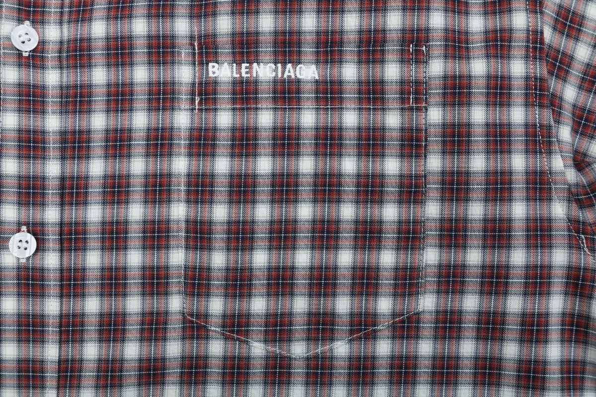 Balenciaga Red-Gray Plaid Faux Two-Piece Long Sleeve Shirt