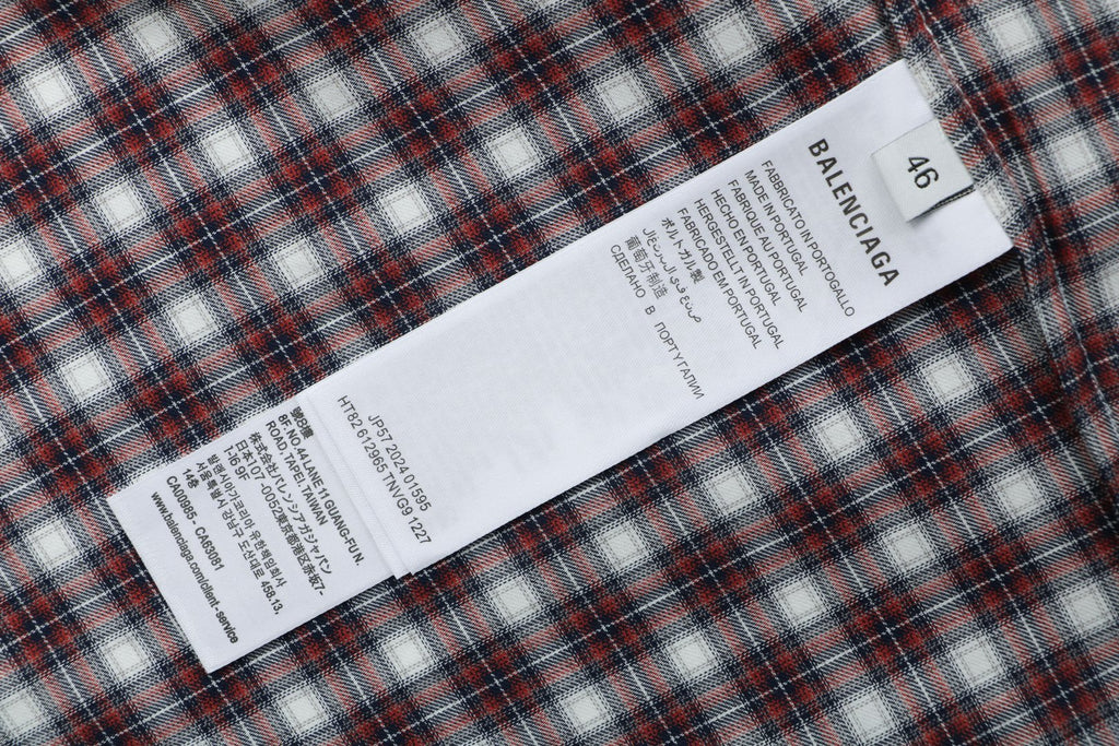 Balenciaga Red-Gray Plaid Faux Two-Piece Long Sleeve Shirt