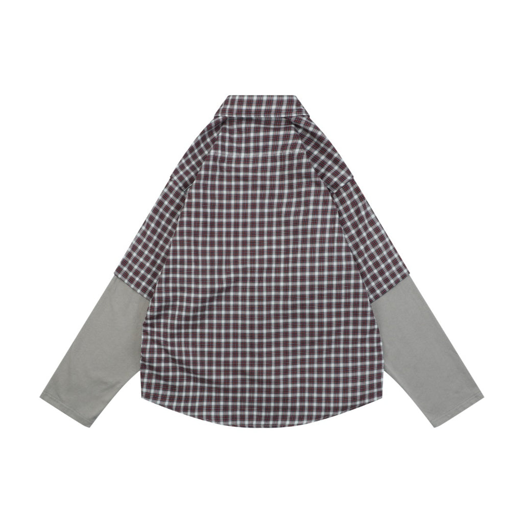 Balenciaga Red-Gray Plaid Faux Two-Piece Long Sleeve Shirt