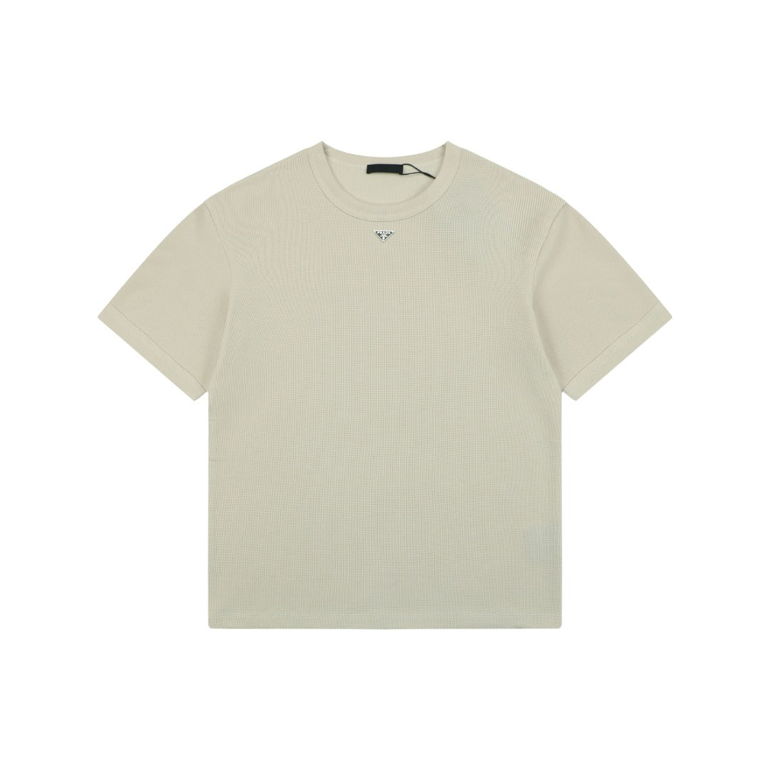 Prada Triangle Logo Waffle-Knit Short-Sleeve T-Shirt Beige