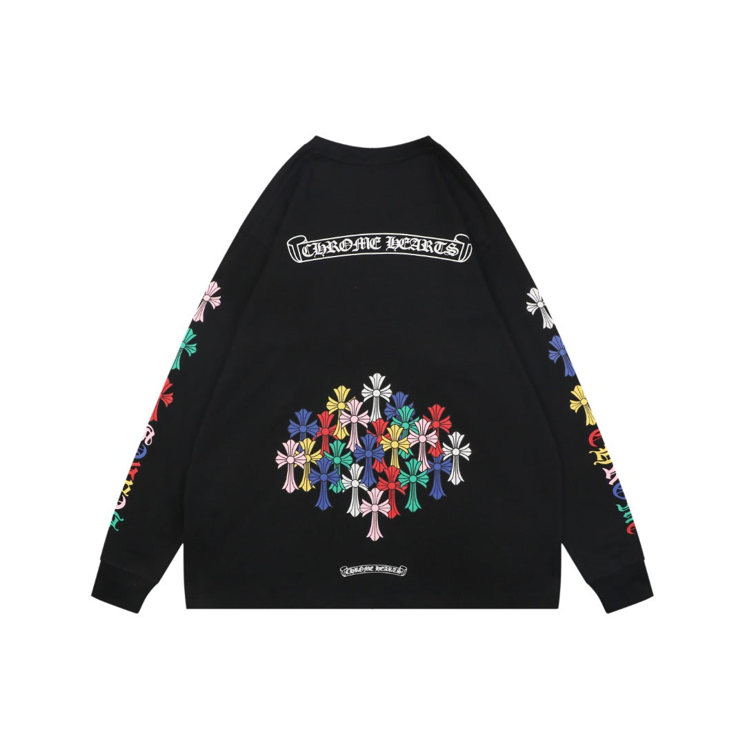 Chrome Hearts Sanskrit Scroll Multicolor Cross Fleur Print Long-Sleeve T-Shirt Black