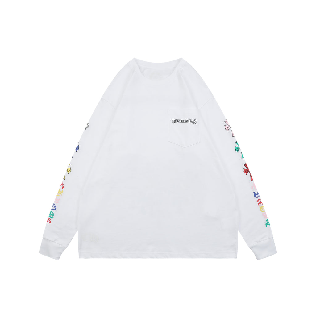 Chrome Hearts Sanskrit Scroll Multicolor Cross Fleur Print Long-Sleeve T-Shirt White