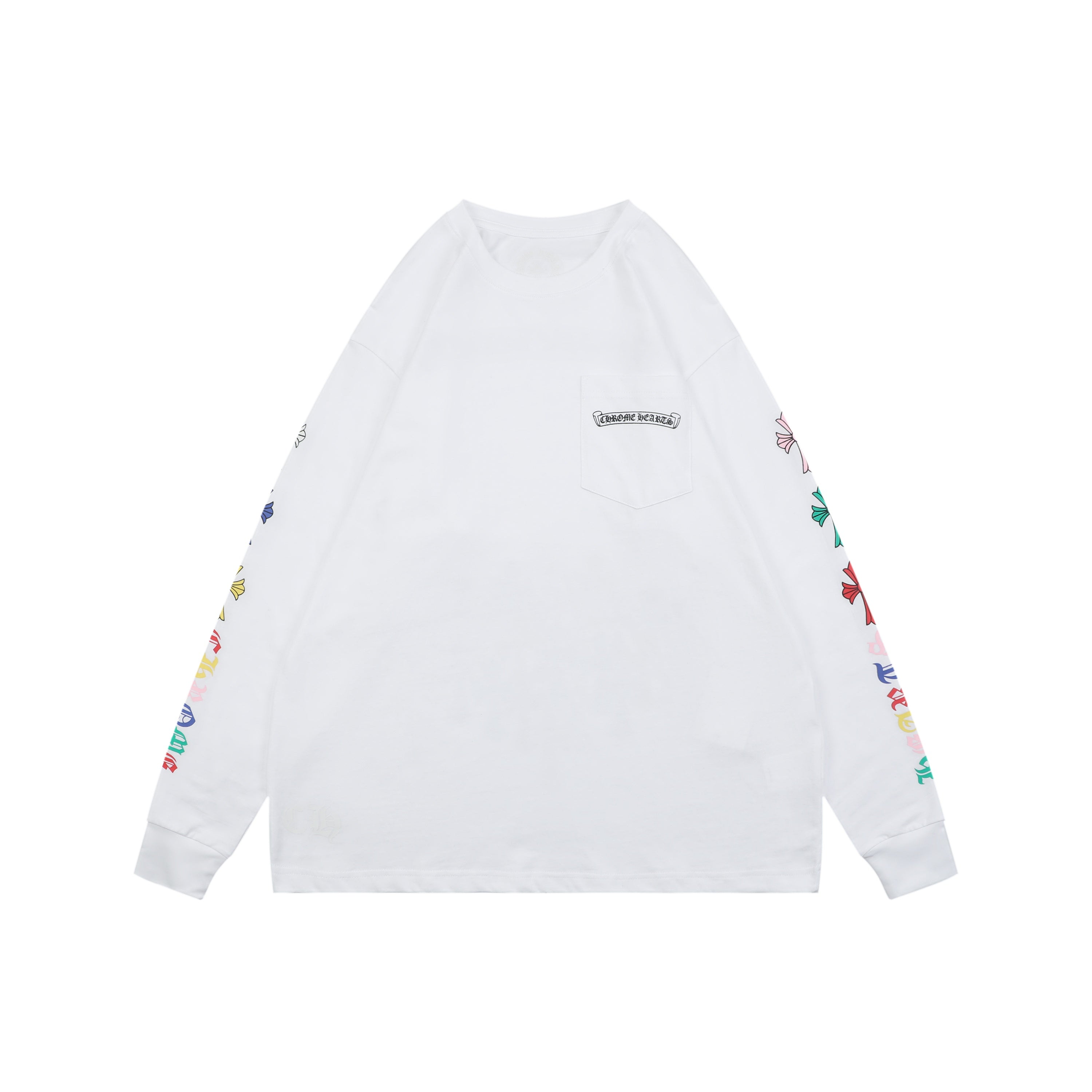 Chrome Hearts Sanskrit Scroll Multicolor Cross Fleur Print Long-Sleeve T-Shirt White