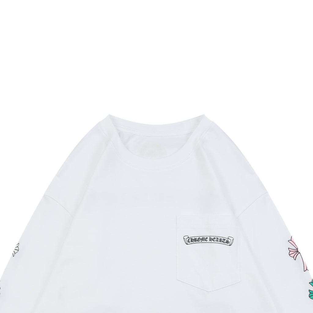 Chrome Hearts Sanskrit Scroll Multicolor Cross Fleur Print Long-Sleeve T-Shirt White
