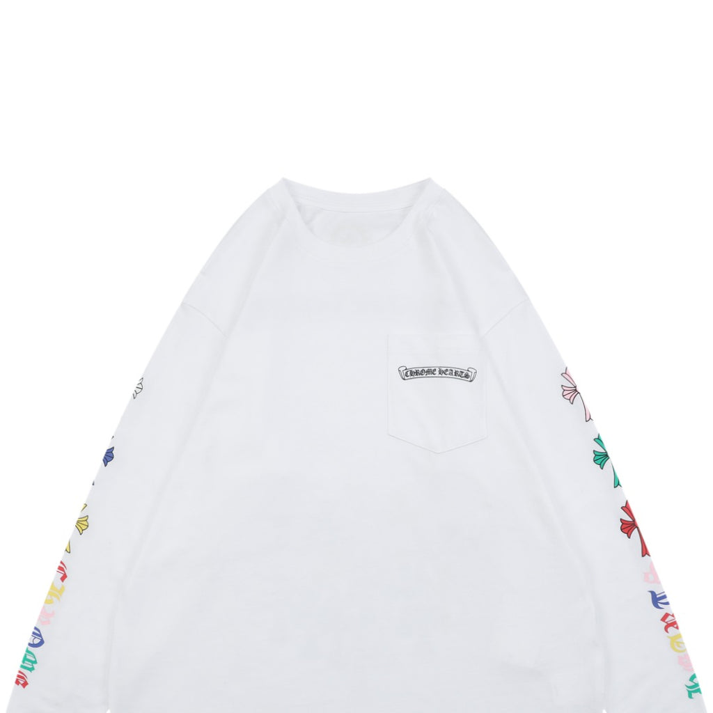 Chrome Hearts Sanskrit Scroll Multicolor Cross Fleur Print Long-Sleeve T-Shirt White