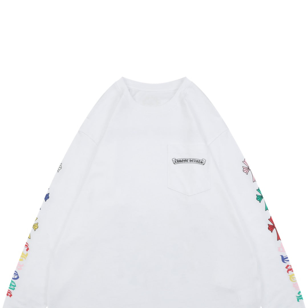 Chrome Hearts Sanskrit Scroll Multicolor Cross Fleur Print Long-Sleeve T-Shirt White