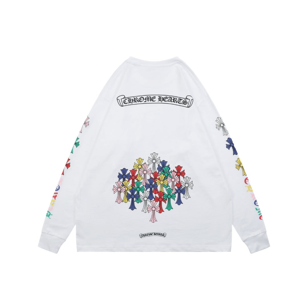 Chrome Hearts Sanskrit Scroll Multicolor Cross Fleur Print Long-Sleeve T-Shirt White