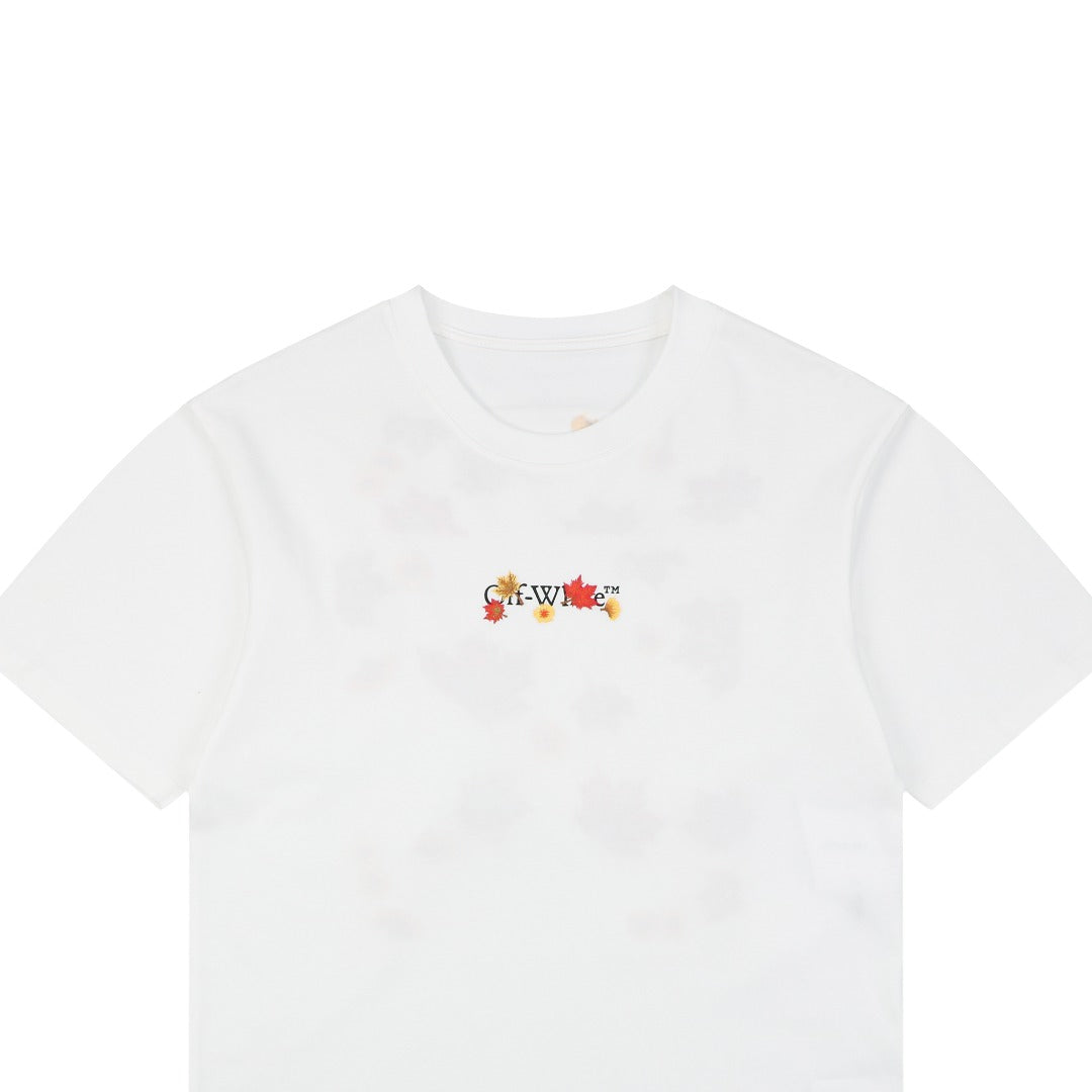Off-White c/o Virgil Abloh Maple Leaf Floral Arrow Embroidered Short Sleeve T-Shirt White