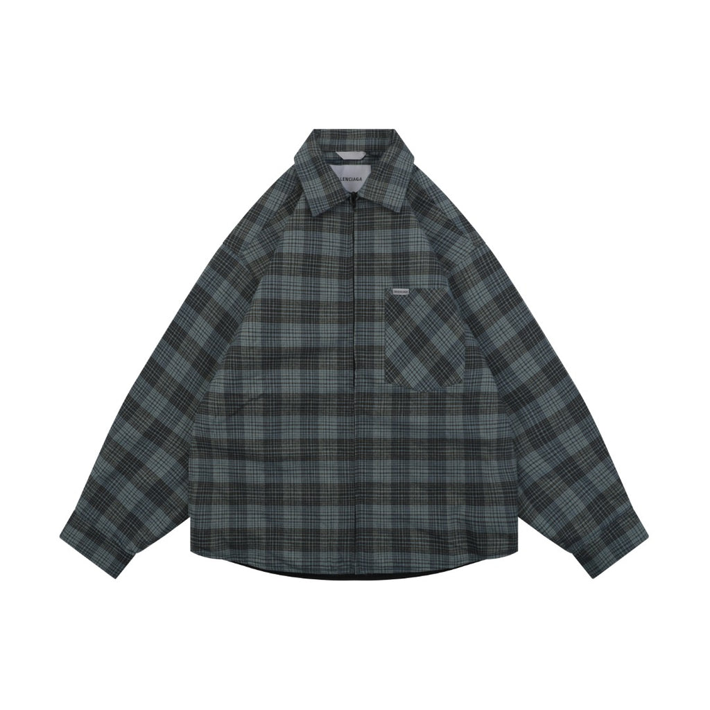 Balenciaga Paris Blue Grey Plaid Padded Overshirt Jacket