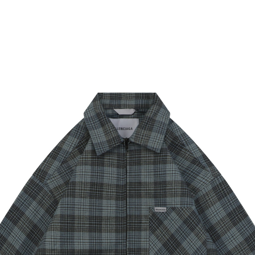 Balenciaga Paris Blue Grey Plaid Padded Overshirt Jacket