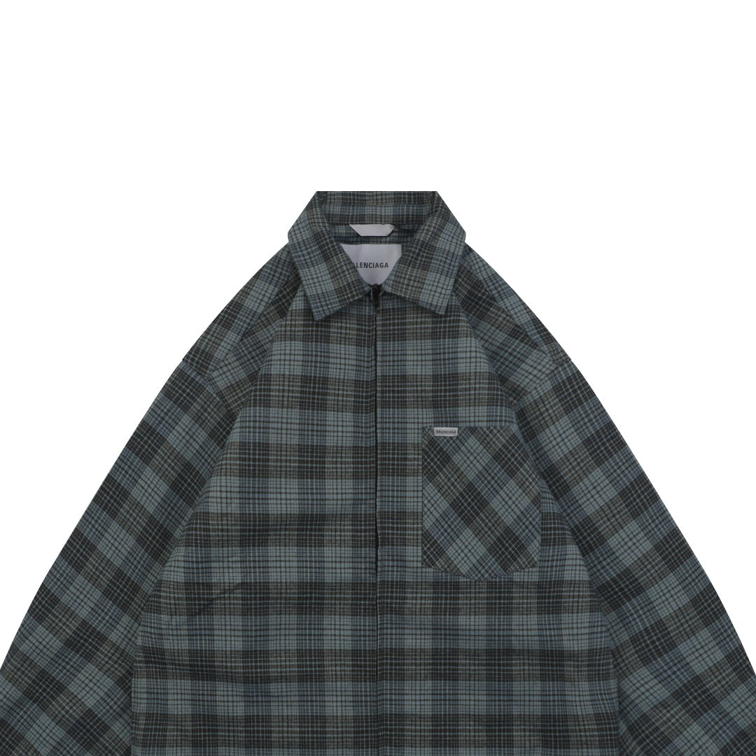 Balenciaga Paris Blue Grey Plaid Padded Overshirt Jacket