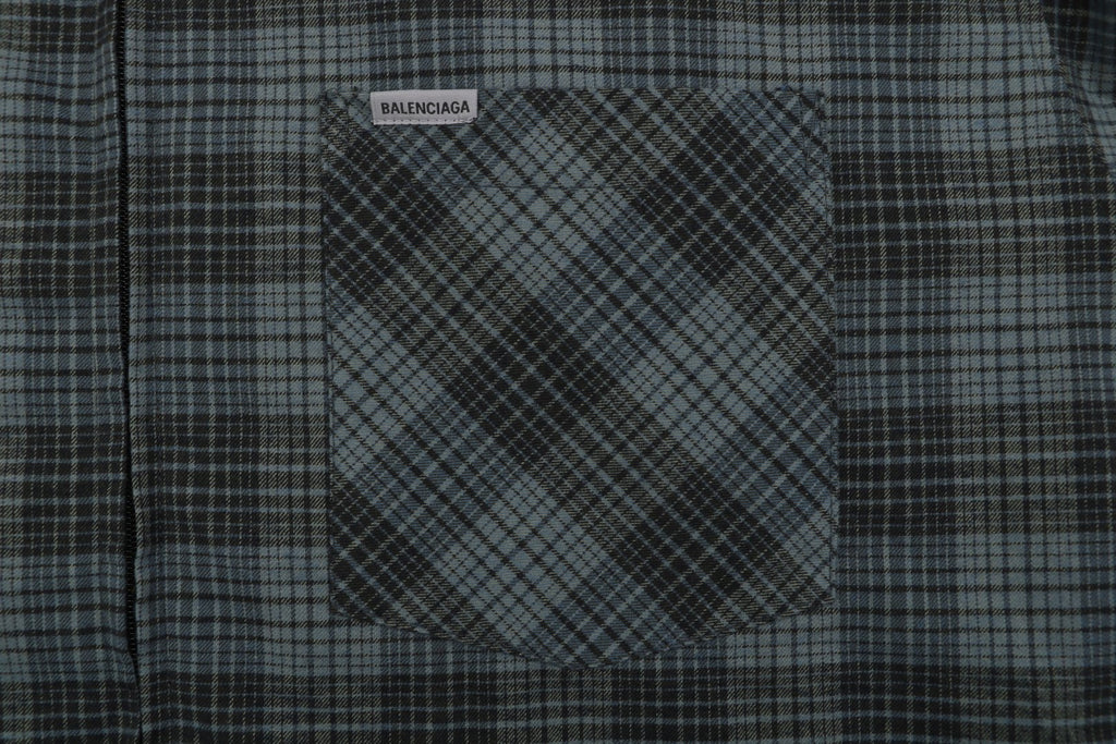 Balenciaga Paris Blue Grey Plaid Padded Overshirt Jacket