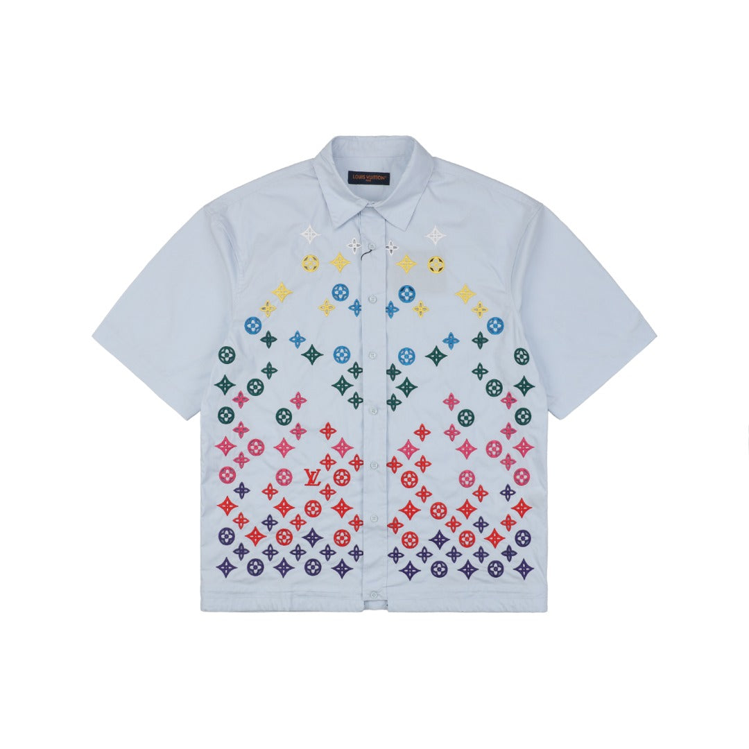 Louis Vuitton 25SS LV Monogram Cutout Embroidered Short Sleeve Shirt Light Blue