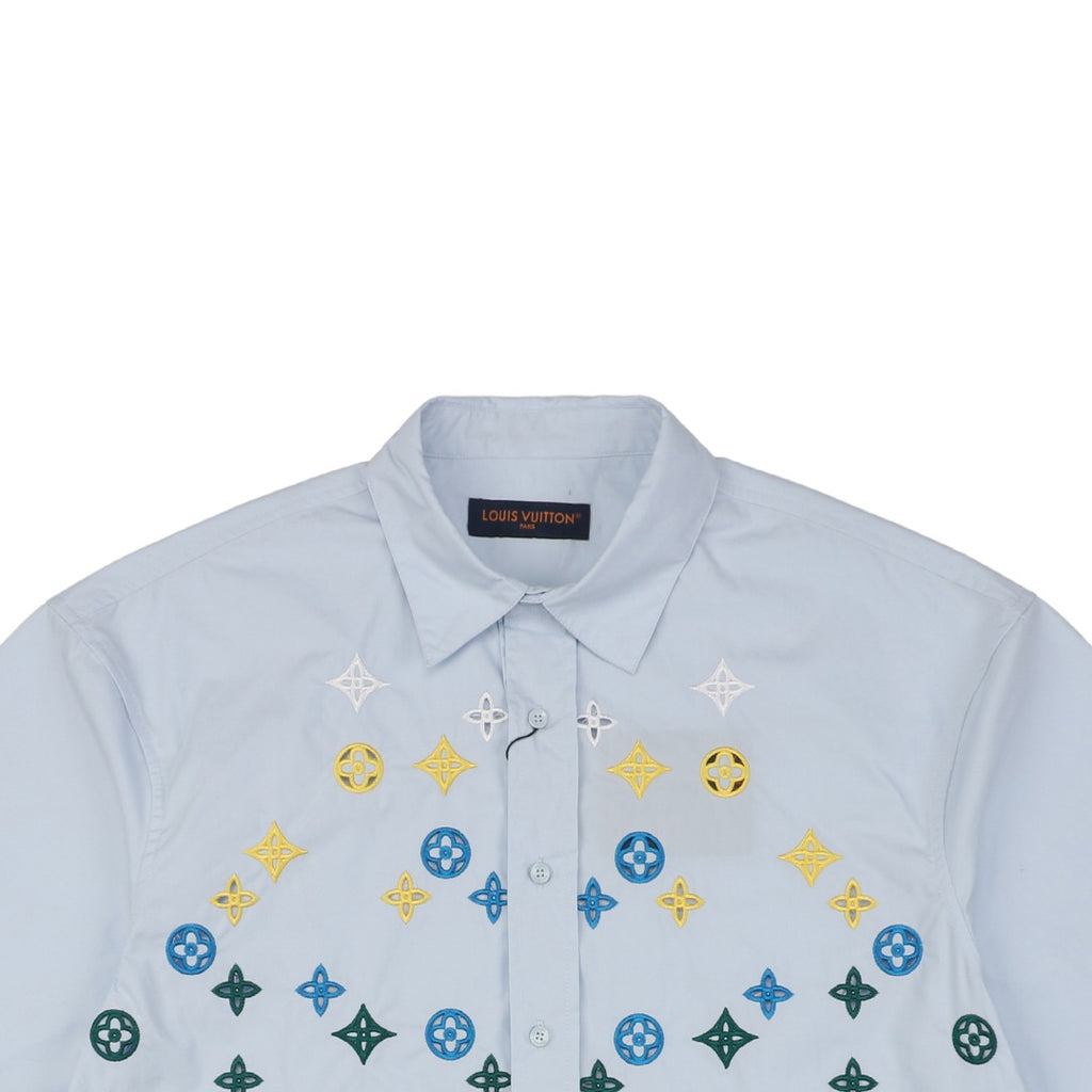 Louis Vuitton 25SS LV Monogram Cutout Embroidered Short Sleeve Shirt Light Blue
