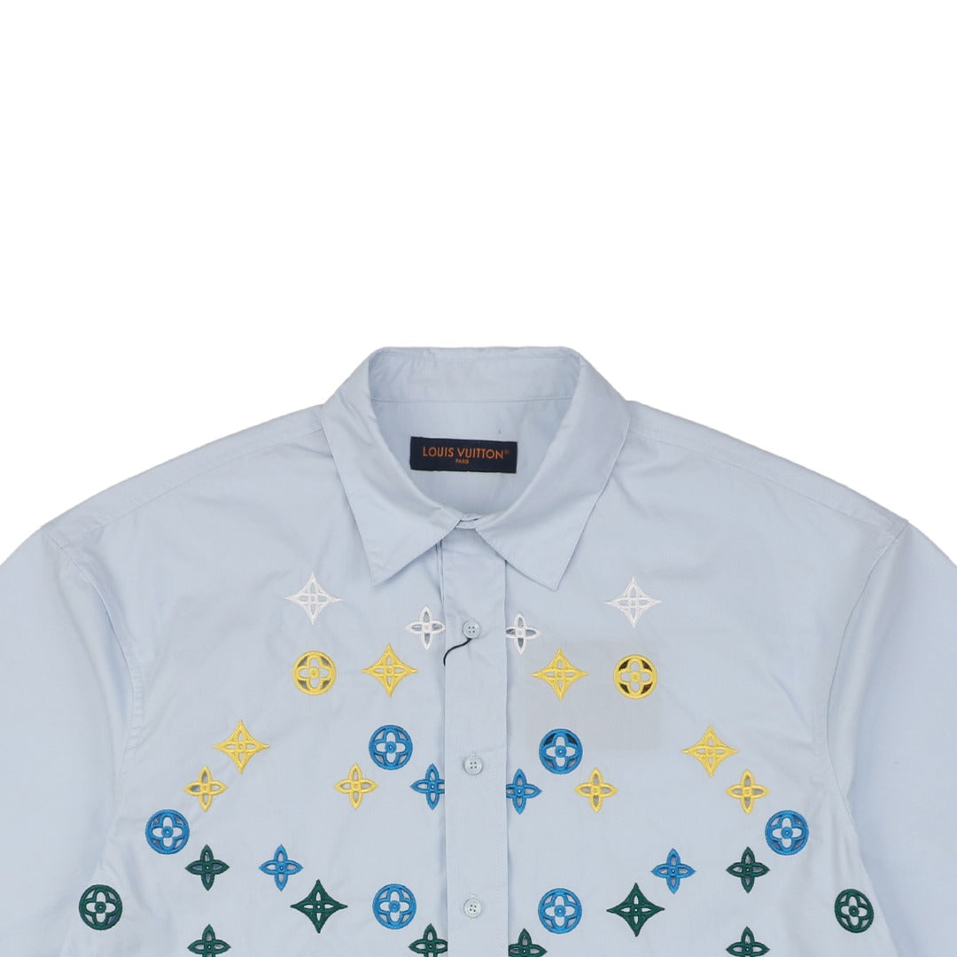 Louis Vuitton 25SS LV Monogram Cutout Embroidered Short Sleeve Shirt Light Blue