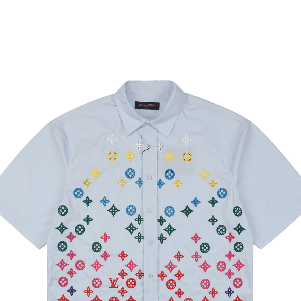Louis Vuitton 25SS LV Monogram Cutout Embroidered Short Sleeve Shirt Light Blue