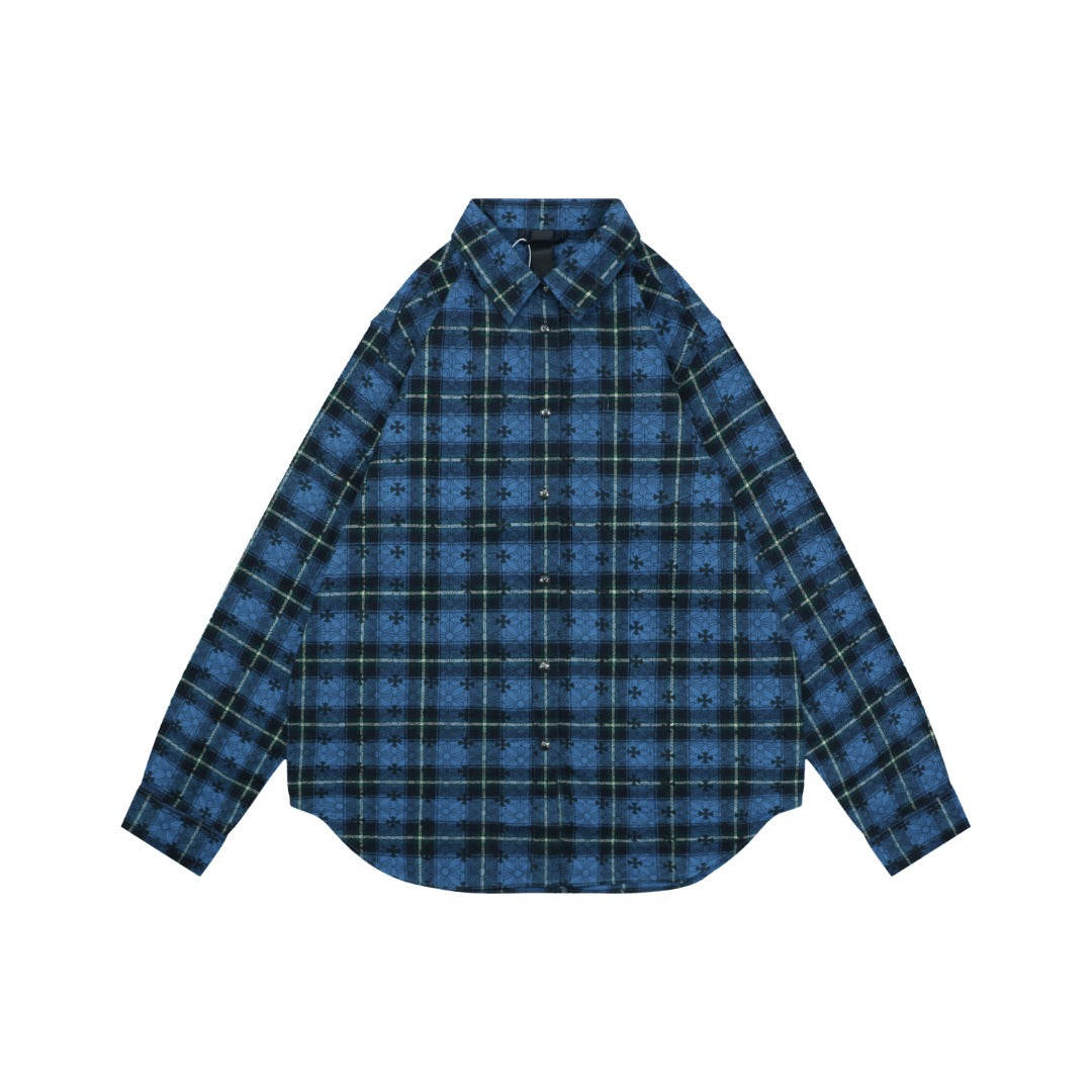Chrome Hearts Allover Cross Print Plaid Long Sleeve Shirt — Blue Black