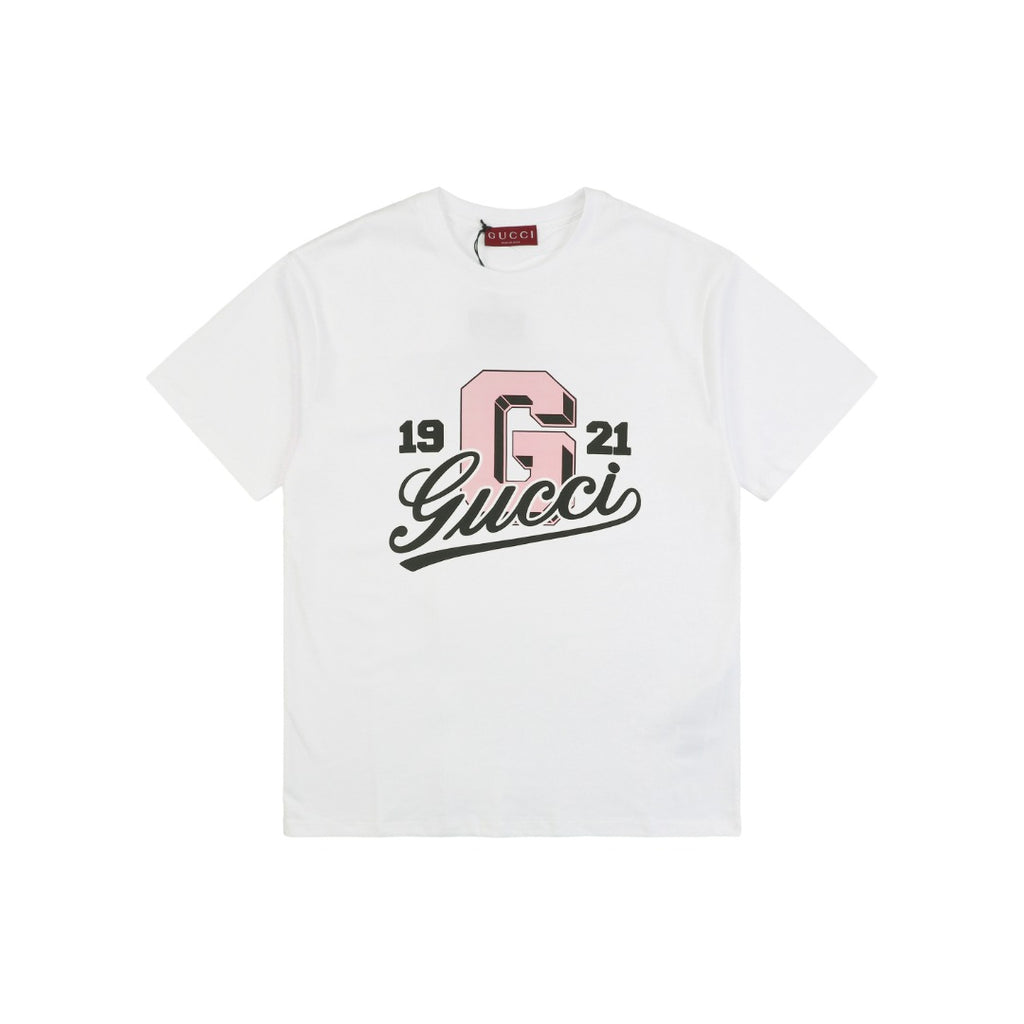 Gucci 25SS 1921 Pink G Varsity Logo Print Short Sleeve Tee