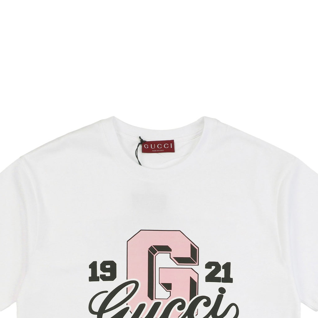 Gucci 25SS 1921 Pink G Varsity Logo Print Short Sleeve Tee