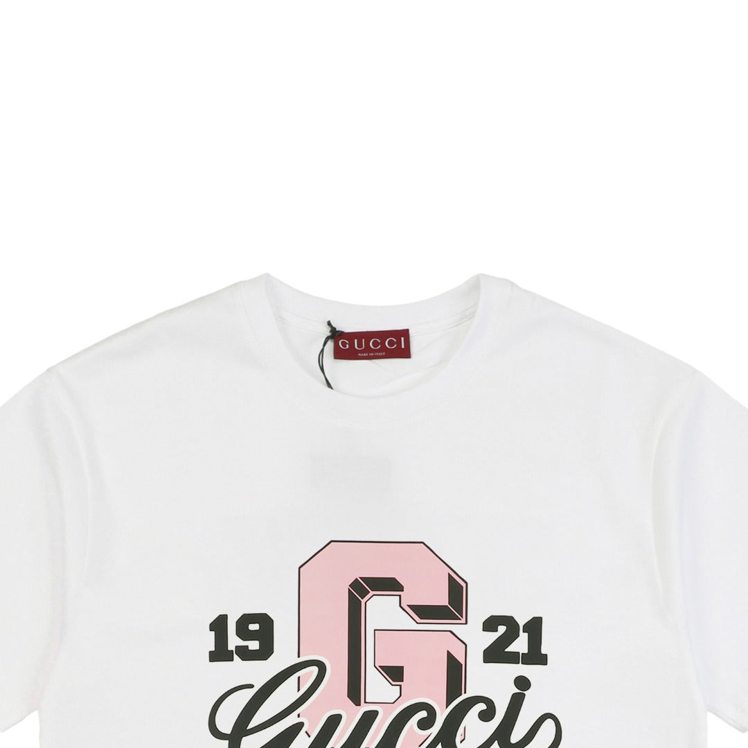 Gucci 25SS 1921 Pink G Varsity Logo Print Short Sleeve Tee