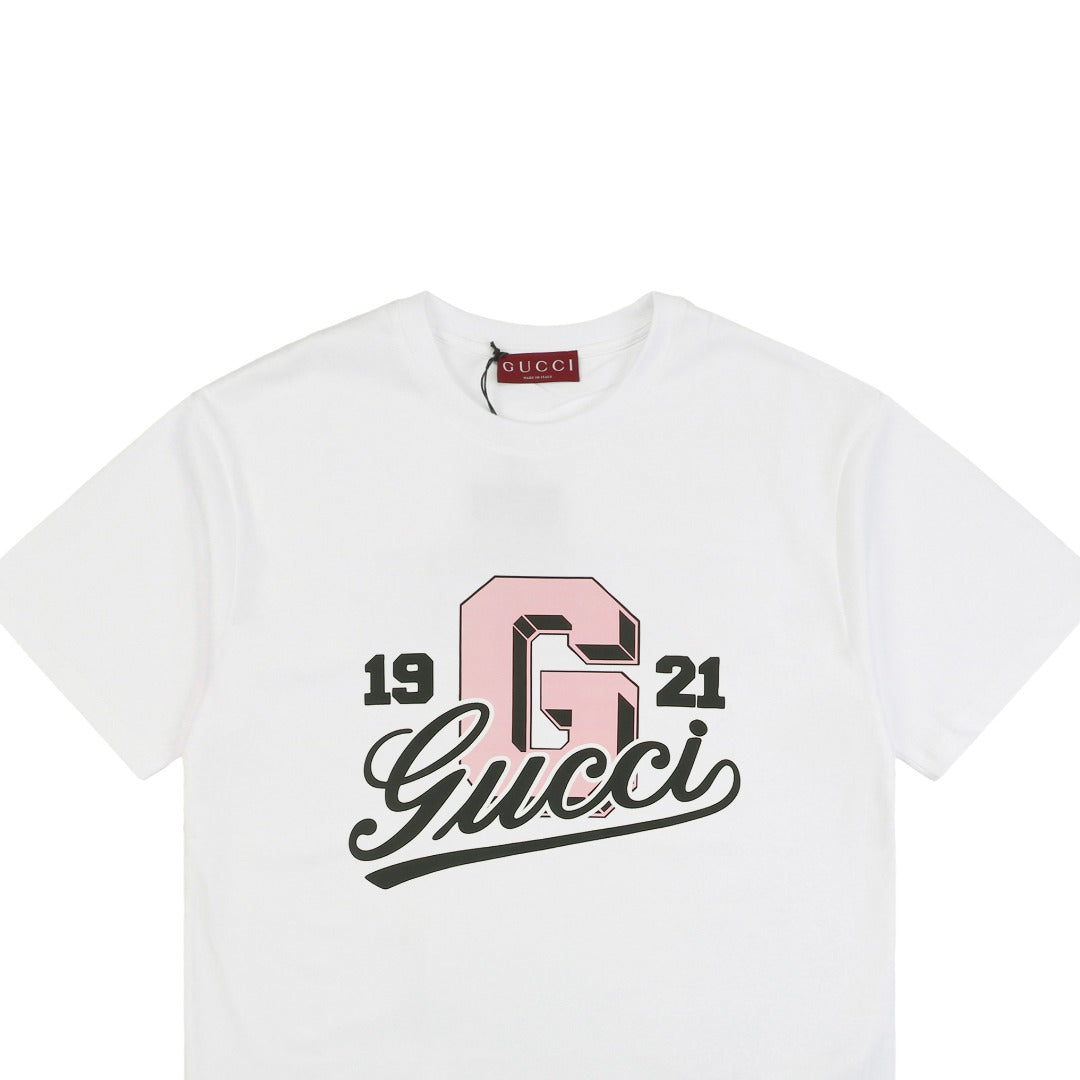 Gucci 25SS 1921 Pink G Varsity Logo Print Short Sleeve Tee