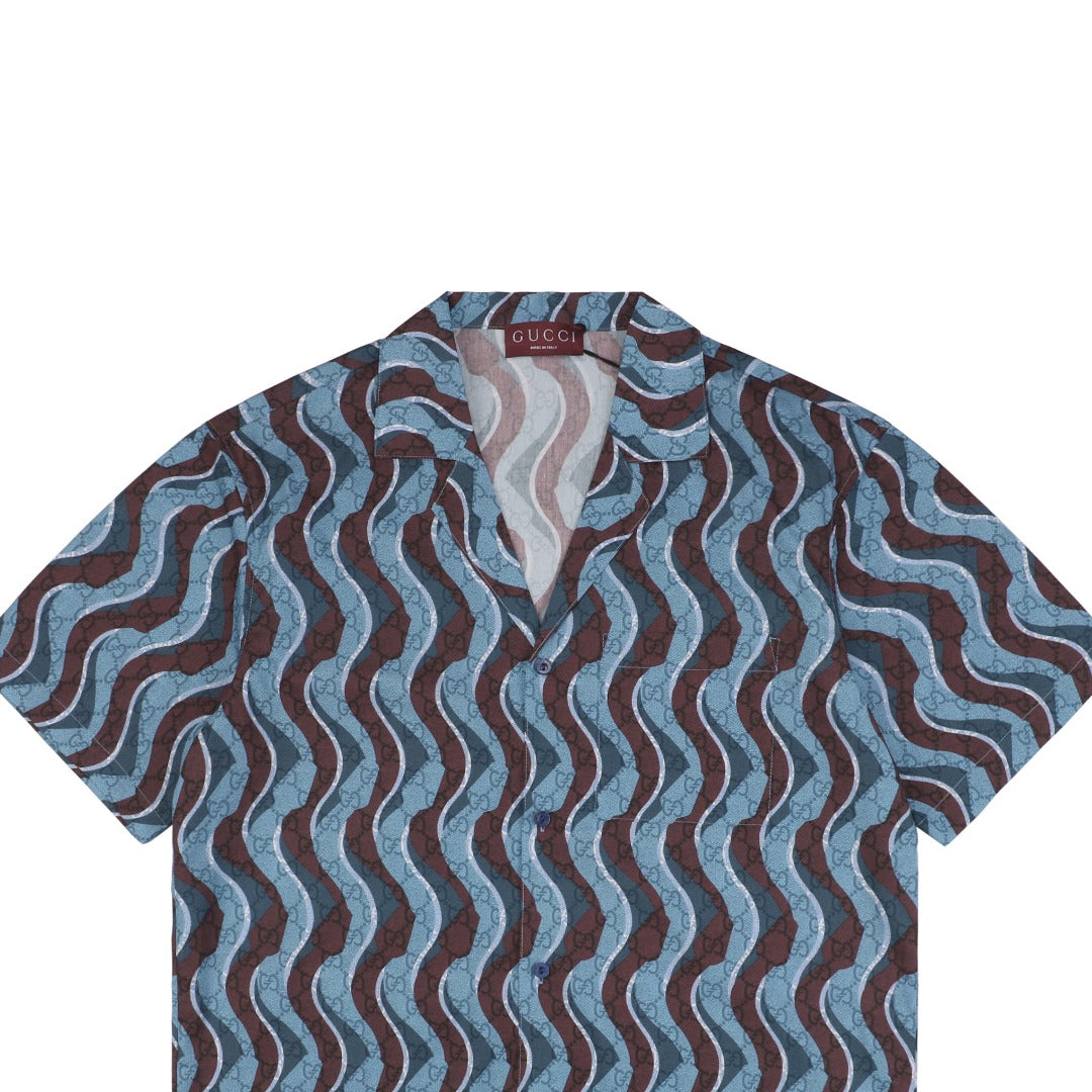 Gucci 25SS Serpentine Wave Stripe Allover Print Short Sleeve Shirt