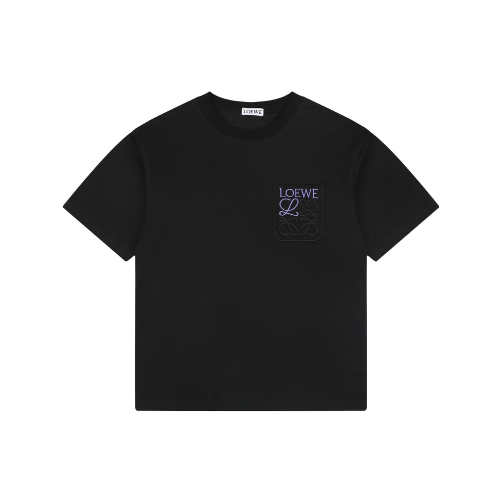 Loewe Anagram Pocket Colorblock Floral Logo Embroidered Short Sleeve Tee — Black Purple
