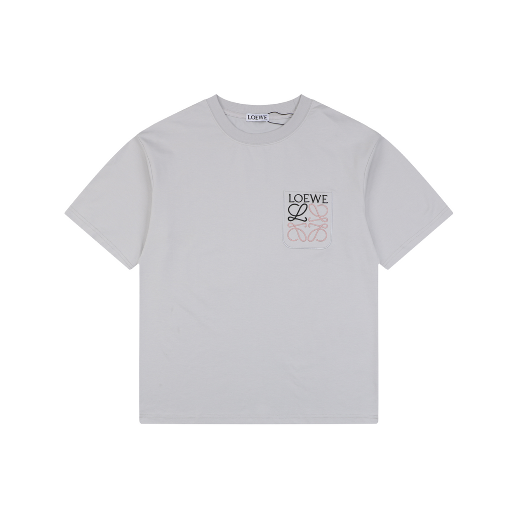 Loewe Anagram Pocket Colorblock Floral Logo Embroidered Short Sleeve Tee — Light Grey