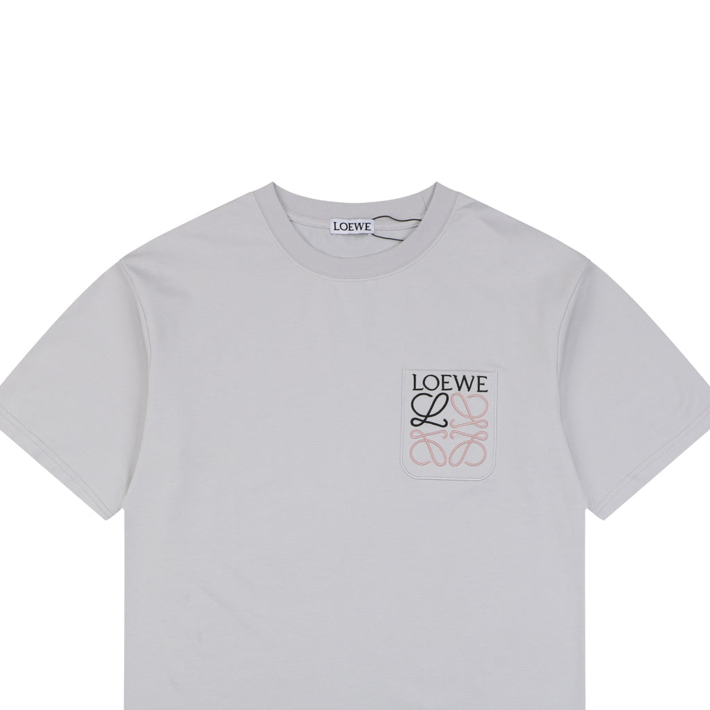 Loewe Anagram Pocket Colorblock Floral Logo Embroidered Short Sleeve Tee — Light Grey