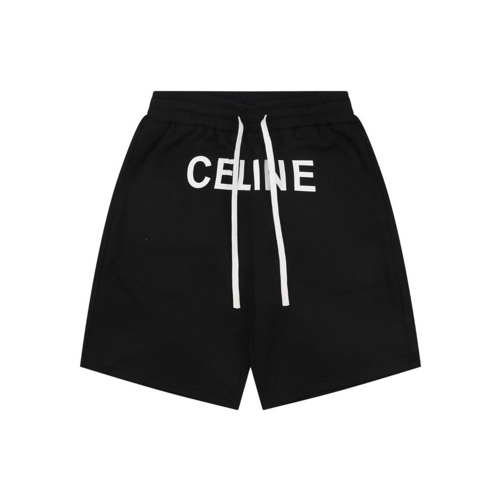 Celine Oversized Wordmark Logo Print Drawstring Shorts — Black