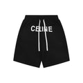 Celine Oversized Wordmark Logo Print Drawstring Shorts — Black