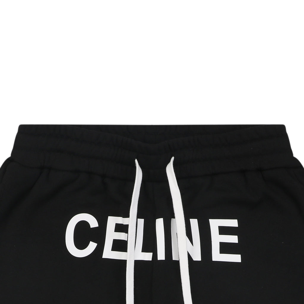 Celine Oversized Wordmark Logo Print Drawstring Shorts — Black