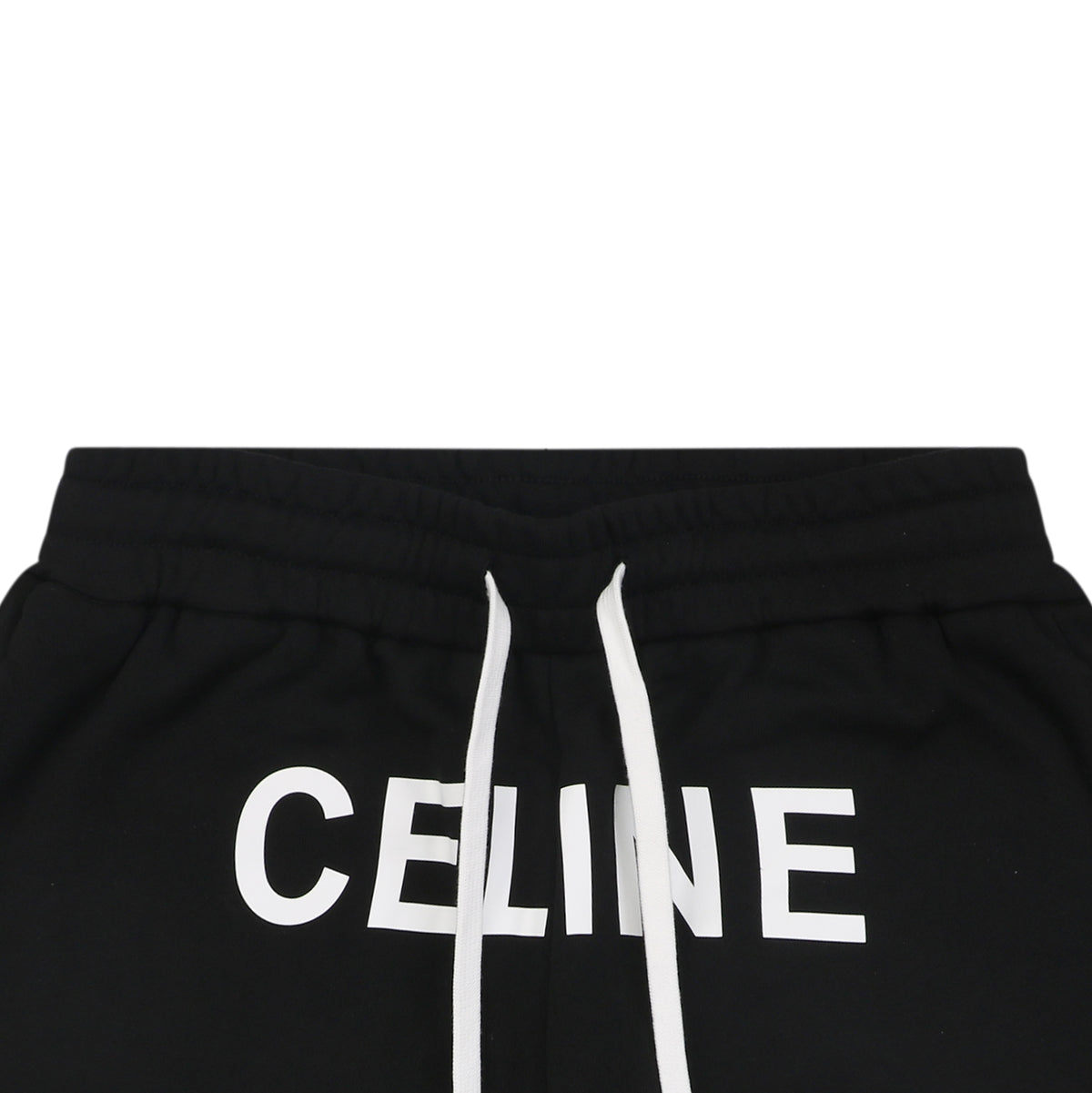 Celine Oversized Wordmark Logo Print Drawstring Shorts — Black